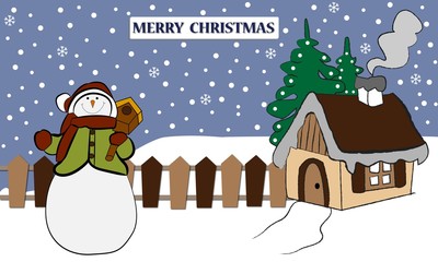 Merry Christmas con casa y muñeco de nieve.
