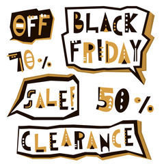Black Friday sale design elements in geometric style. Black Friday clearance inscription labels, stickers. Vector illustration