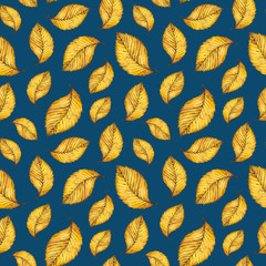 Seamless pattern of watercolor autumn yellow leaves, hand painted watercolour autumn background of falling leaf elm, design for fabric, textile, wrapping paper, card, invitation, wallpaper, web design