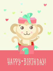 Happy Birthday Card With Funny Monkey Surprise In A Gift Box. Funky Monkey Vector Animal Illustration. Humor And Friendship Birthday Image.
