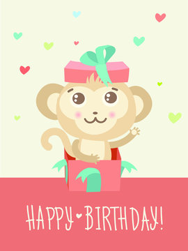Happy Birthday Card With Funny Monkey Surprise In A Gift Box. Funky Monkey Vector Animal Illustration. Humor And Friendship Birthday Image.