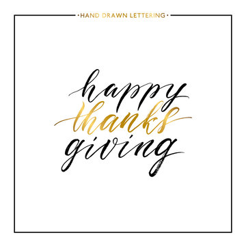 Happy Thanks Giving gold text isolated on white background, hand painted letter, golden vector thanksgiving lettering for greeting card, poster, banner, print, handwritten calligraphy