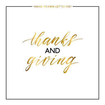Thanks and Giving gold text isolated on white background, hand painted letter, golden vector thanksgiving lettering for greeting card, poster, banner, print, handwritten calligraphy