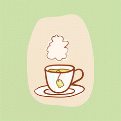 Tea sketchy vector clipart with vapor cloud. Vector hot tea design element and teabag. Sketch for flyer banner, ad, package, poster. Hand drawn mug, vector icon for teahouse