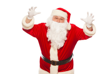 Shocked Santa Claus raising his hands scares, isolated on white background Christmas