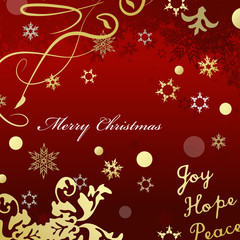 Red Merry Christmas card with gold glittering design effects.