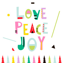 Love,peace,joy. Christmas greeting background. Holiday winter template, card, banner, poster. Vector Illustration