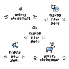 Happy new year and merry christmas lettering. Cute childish hand drawn text with reindeer and polar bear