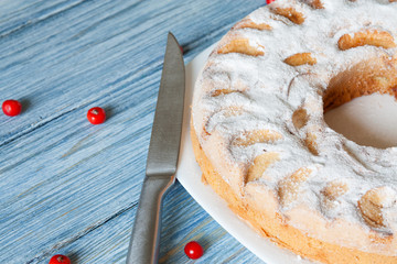 Fresh homemade apple pie on wooden background. Closeup of charlotte. Christmas apple pie.