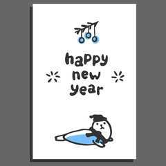 Happy new year greeting card with cute cartoon seal. Hand drawn lettering. Vector doodle animal and text