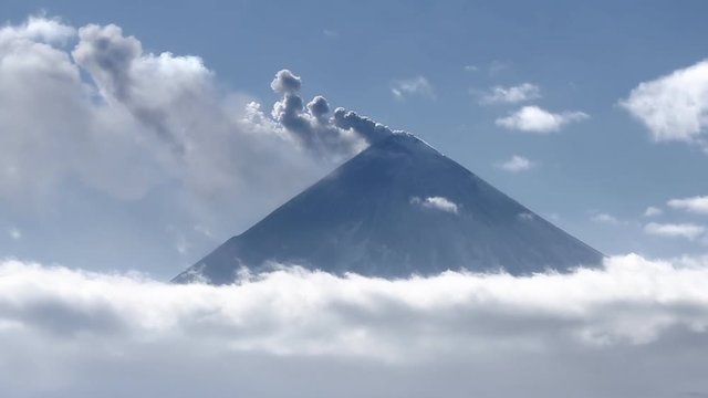 Explosive-effusive eruption of the Klyuchevskoy Volcano (Klyuchevskaya Sopka). The volcano constitutes a potential hazard to international and local airlines at Kamchatka. Eurasia, Russian Far East.