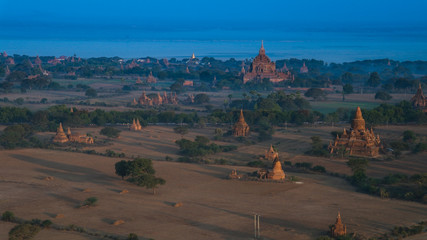 Ballooning in the dawn over Bagan, a thousands of stupas, Myanmar