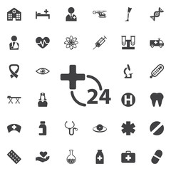 24 hours medical service icon on the white background. Hospital icon.