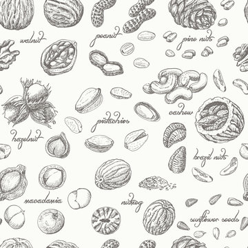 Seamless pattern with nuts on a white background