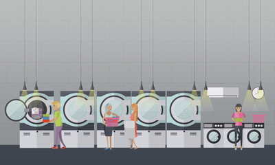 People in self-service laundry vector poster. Room interior banner