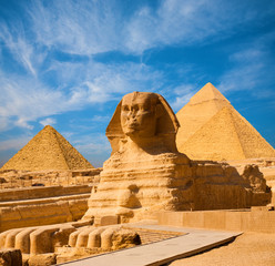 Sphinx Full Body Blue Sky All Pyramids Egypt - obrazy, fototapety, plakaty