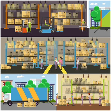 Logistic and delivery service concept banner. Warehouse interior. Vector illustration