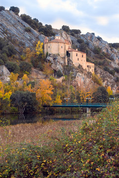 SORIA, SPAIN - NOVEMBER 2, 2016: View of the hermitage of San Saturio, on the banks of the Douro River at sunset