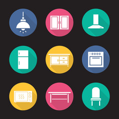 Kitchen interior flat design long shadow icons set