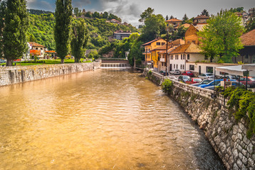 Sarajevo Miljacka river cityscape. / View at cityscape in old town Sarajevo, capital of Bosnia and Herzegovina.