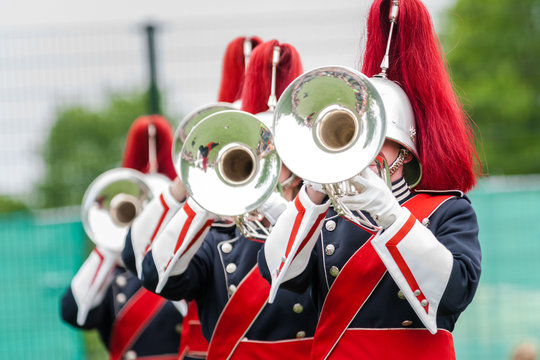 Show band with live music playing wind instruments in uniform, m