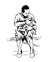 a hand drawn sketch of a father holding a baby in his arm