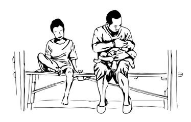 a hand drawn sketch of a father holding a baby in his arm, and a young boy sits on a bench.