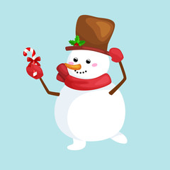 christmas white snowman in hat and scarf with candy for celebration new year vector illustration