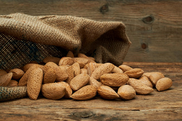 Almond nuts in a burlap bag