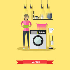 Woman wash clothes in washing machine. Vector illustration in flat style