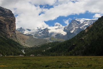 Fototapeta na wymiar Pian di Verra, in valle d'Ayas. Sullo sfondo il Castore e il Polluce (Monte Rosa)