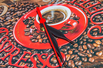 Simple clock or watch with red cup coffee