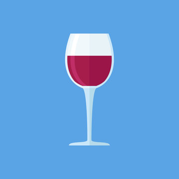 Glass of red wine isolated on blue background. Goblet flat style icon. Vector illustration.