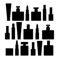 Cosmetics collection silhouettes icons - lipstick, cream, perfume, nail polish, shower gel. Simple and minimalistic woman beauty cosmetics images. Flat design style. Vector illustration.