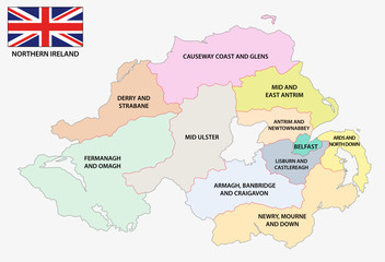 Northern Ireland administrative and political map with flag