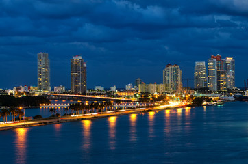 Fototapeta na wymiar View of Biscayne Bay at night in Miami Florida, USA