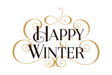 Happy Winter. Handwritten modern brush black text, gold swirl, white background. Beautiful lettering invitation card, greeting, prints, banner. Typographic inscription, calligraphic design vector