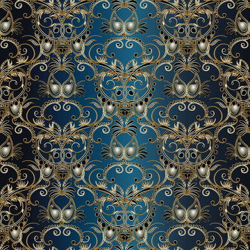 Damask pattern.Floral vector seamless pattern with damask and 3d paisley flowers.Gold damask paisleys on the dark blue background.Damask wallpaper.Paisley flowers