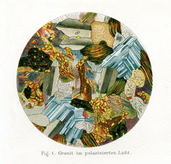 Granite from Nièvre, France - polarized light photomicrograph (from Meyers Lexikon, 1895, 7/476/477)
