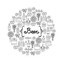 Cover with hand drawn bottle and glass of beer, snacks  in sketch style. Pattern on the theme of beer