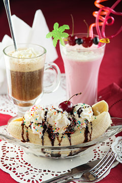 Ice Cream Sundae, Banana Split, Milkshake And Coctail