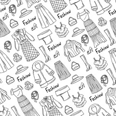 Pattern with hand drawn isolated fashionable clothes for ladies on white color. Pattern on the theme of fashion