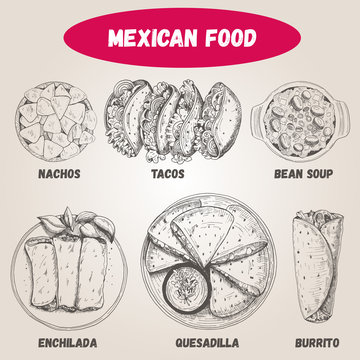 Mexican food set. Mexican food vector illustration. Linear graphic style. Vector set of Mexican cuisine.
