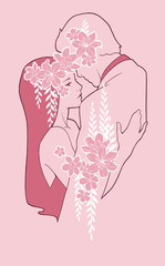 Man and woman cuddling, decorated with flowers. Hand painted illustration in pink colors. Love couple dancing,