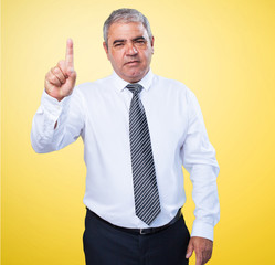 mature man doing number one sign