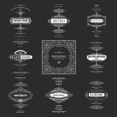 Set of creative vector templates for logos, label or banners on the theme of quality and business in vintage style. Flourishes calligraphic elements. Design frame and page decor