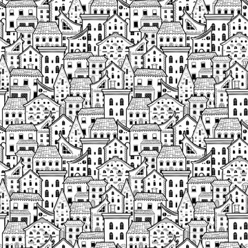 Light Black And White Seamless Pattern With Houses, Doodle House Vector Background, Monochrome House Wallpaper, Good For Design Fabric, Wrapping Paper, Postcards, EPS 8