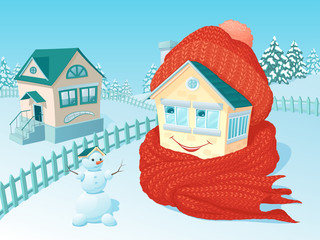 небольшой одноэтажный домик в зимней сельской местности, закутанный в теплый вязаный шарф и шапку, улыбается и 

смотрит на соседей