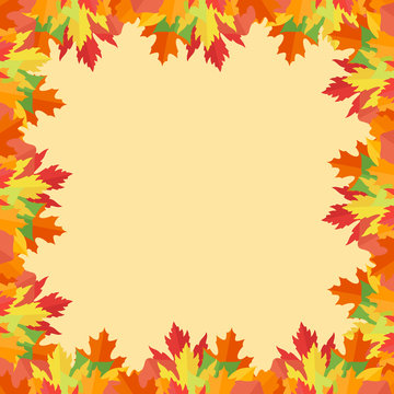 Colorful autumn leaves frame on yellow background. Vector illustration.