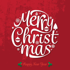 Merry Christmas and Happy new year text free hand design isolated on red texture background. Vector illustration.